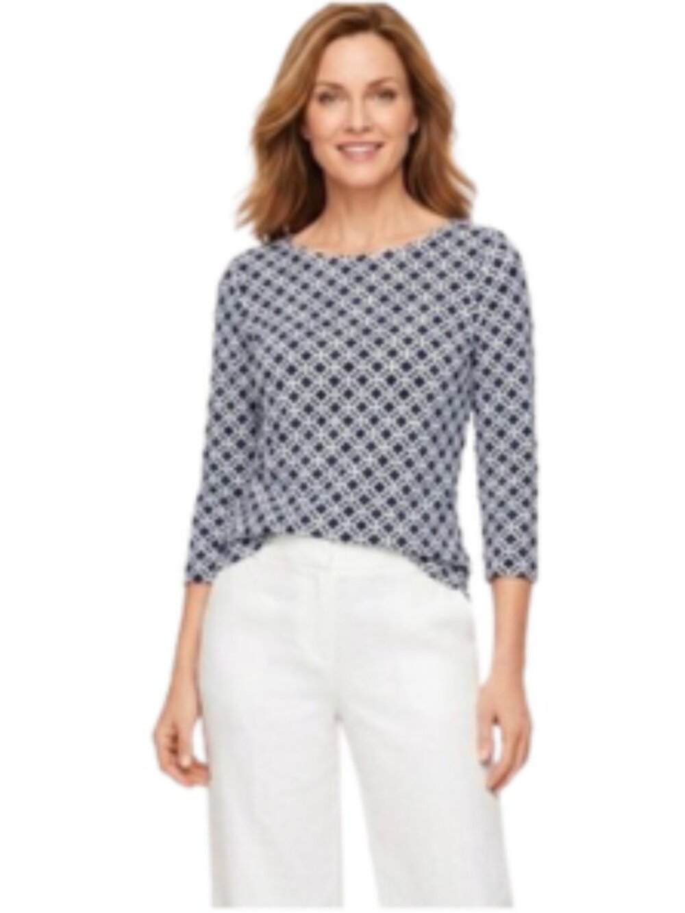 Talbots Navy White Pattern Top Pima Cotton Scalloped Neckline, 3/4 Sleeve, sz XS